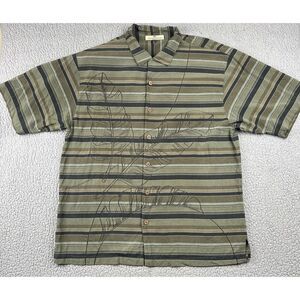 TOMMY BAHAMA Silk Shirt Mens Large Green Short Sleeve Palm‎  Print Camp Tropic
